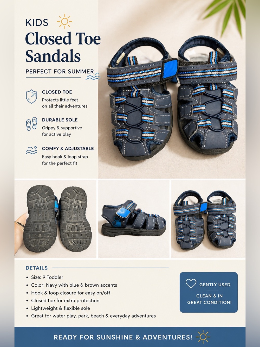 ☀️Toddler Closed-Toe Summer Sandals – Size 9 – Navy/Blue – Great Condition